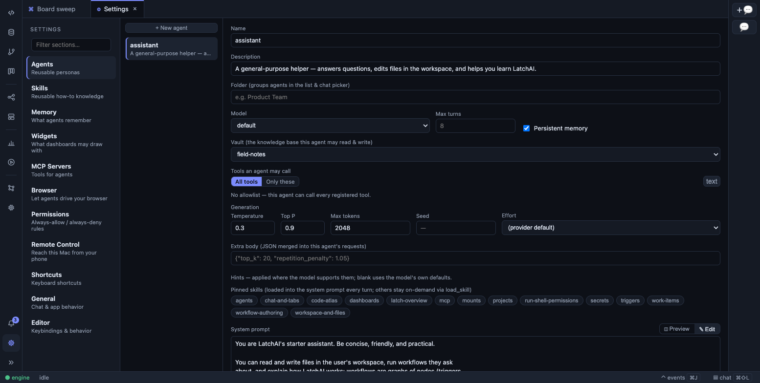 Settings ▸ Agents: an agent’s vault, tool allowlist, and generation settings