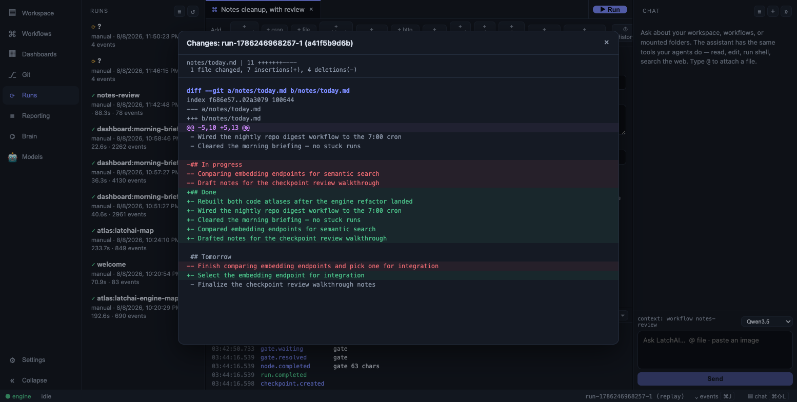 A run’s diff, opened from the Runs sidebar
