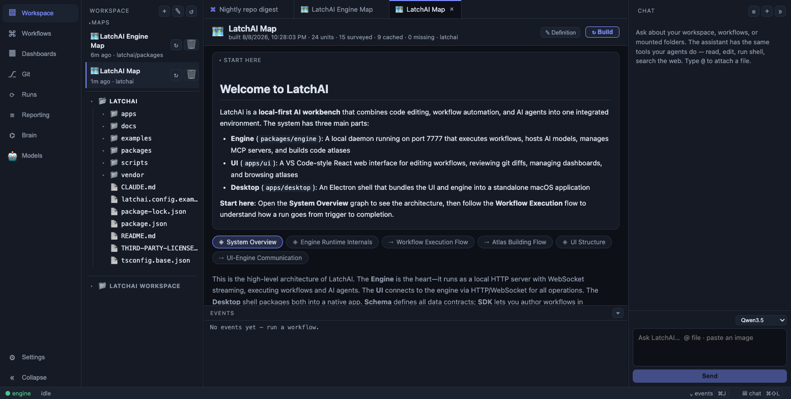 The LatchAI workbench: file tree, editor, workflow canvas, and chat panel