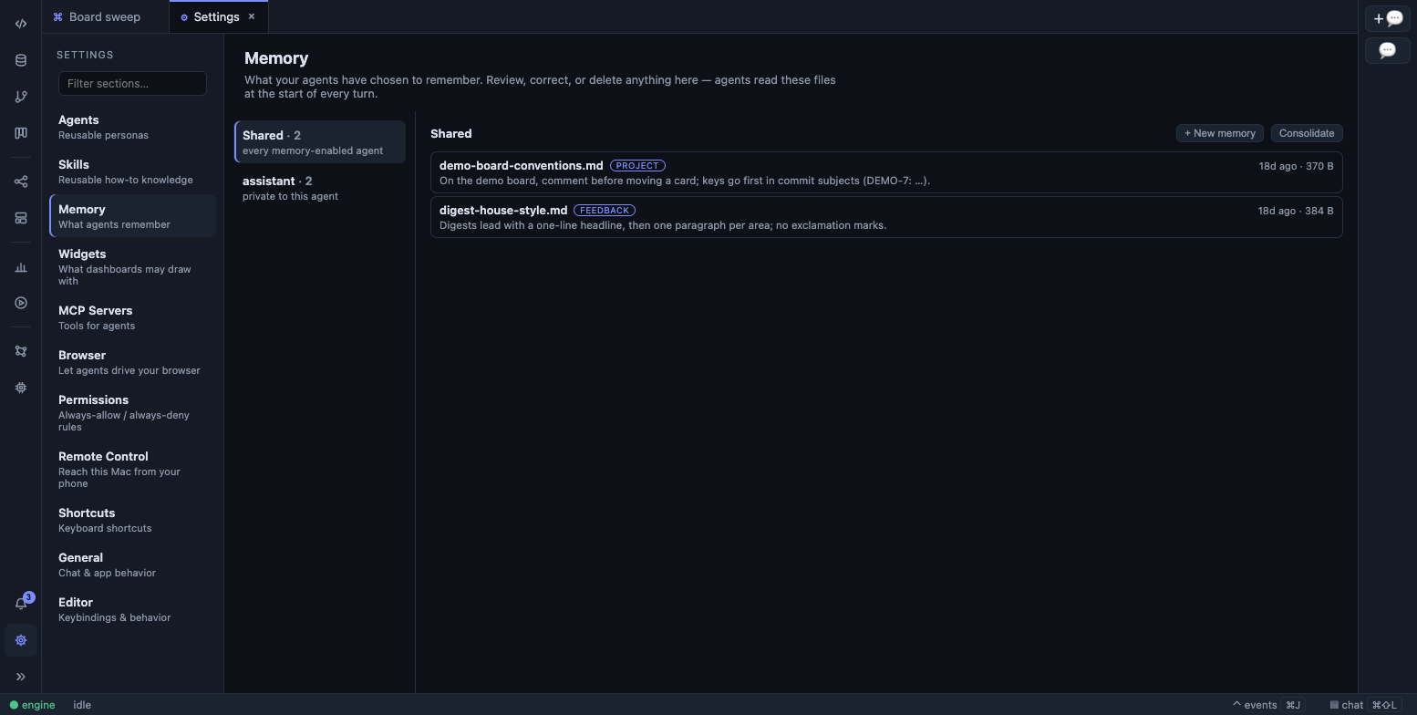 Settings ▸ Memory: scopes on the left, a memory file open on the right