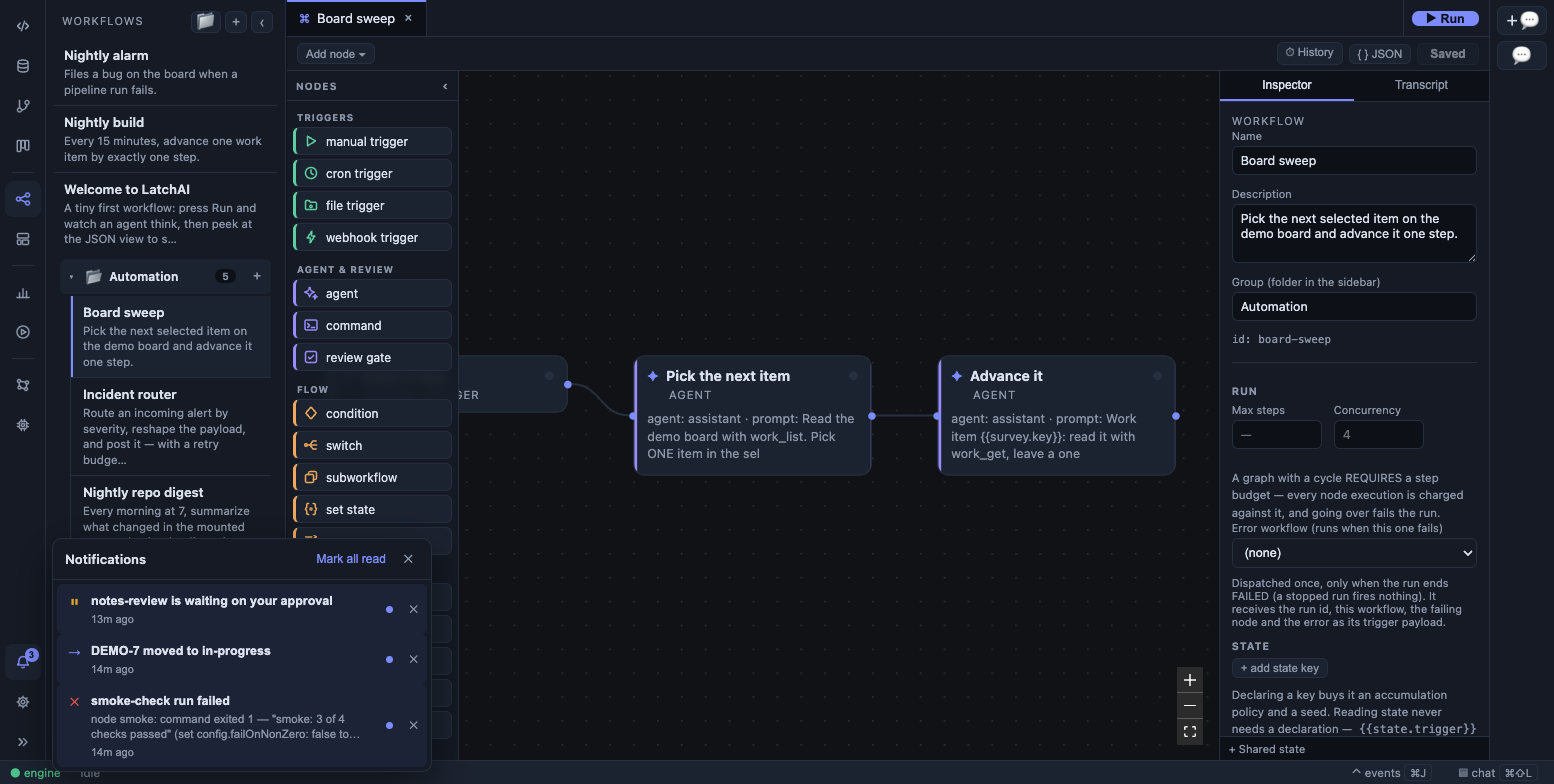 The notification inbox: a failed run, a lane change, and a run waiting on approval