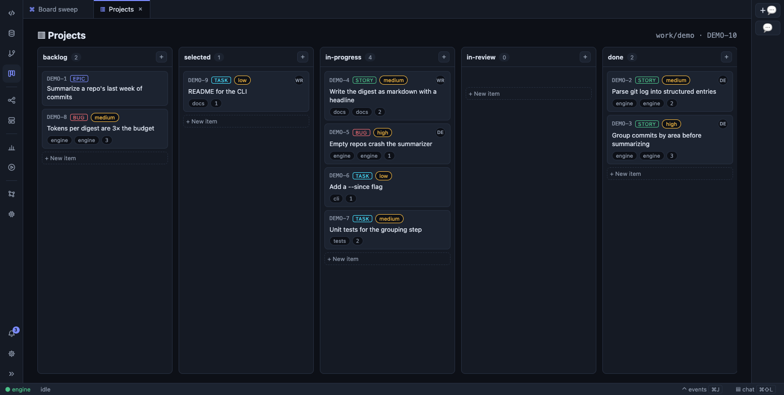 A project board in LatchAI: five lanes of cards with kind badges, assignees, and labels