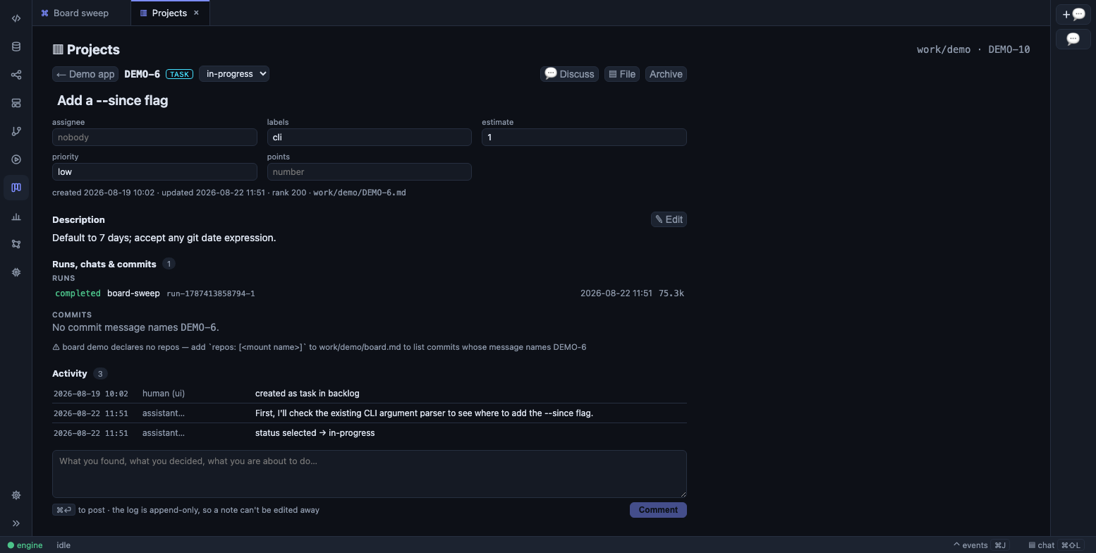 An item page: fields, description, linked runs, and the activity log