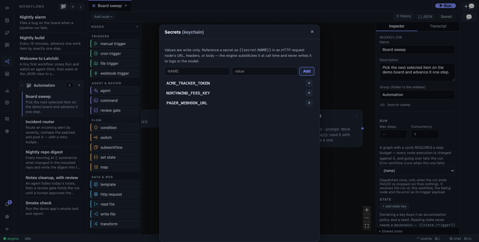 The Secrets manager, listing names only
