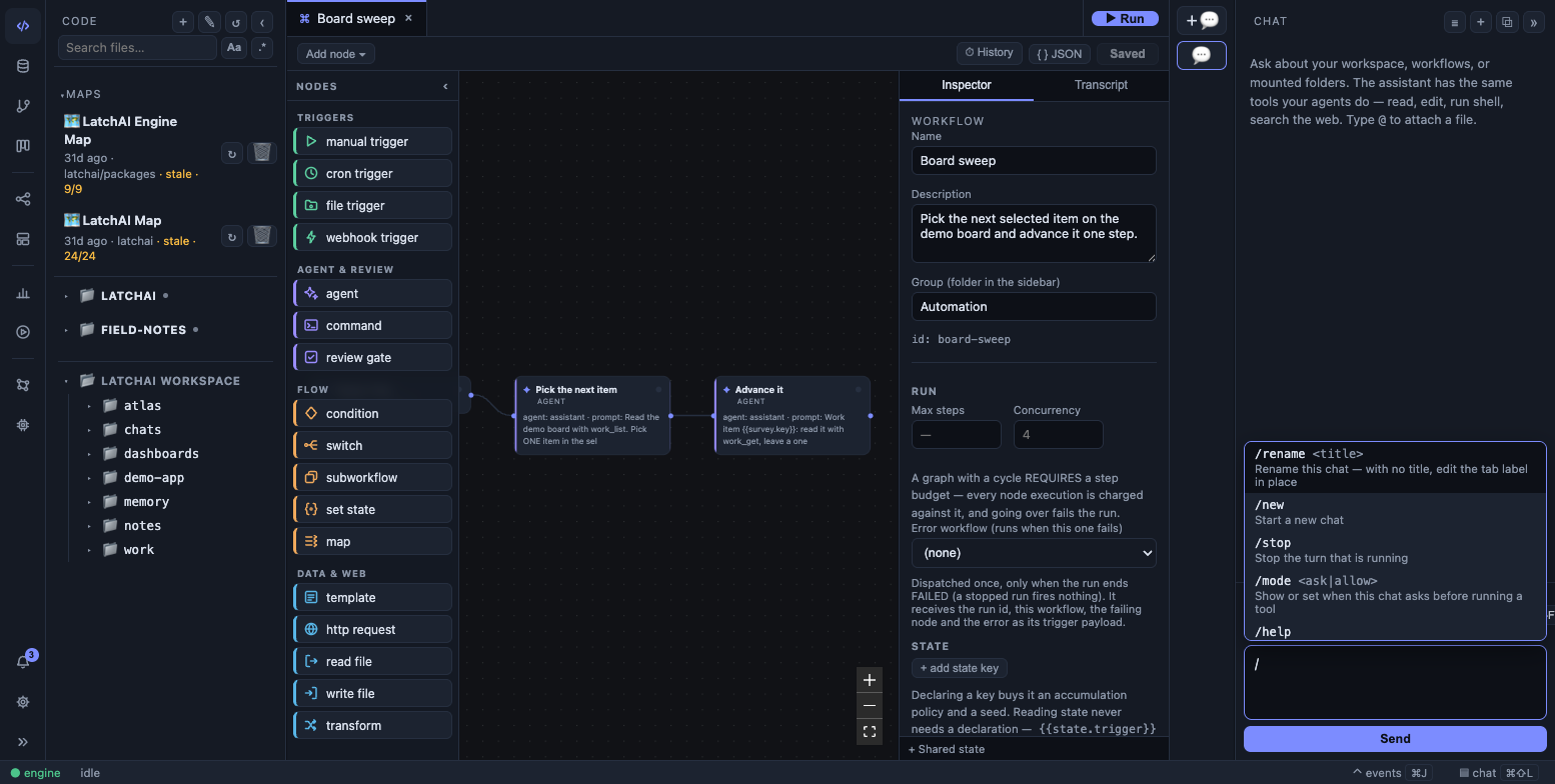 The chat composer with the slash-command popover open