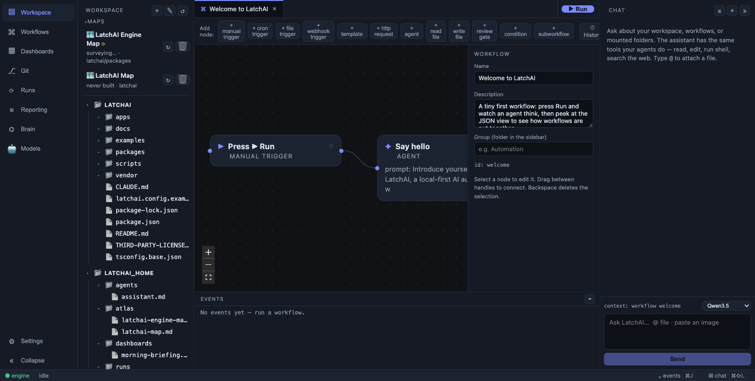 The LatchAI home open in the workbench file tree