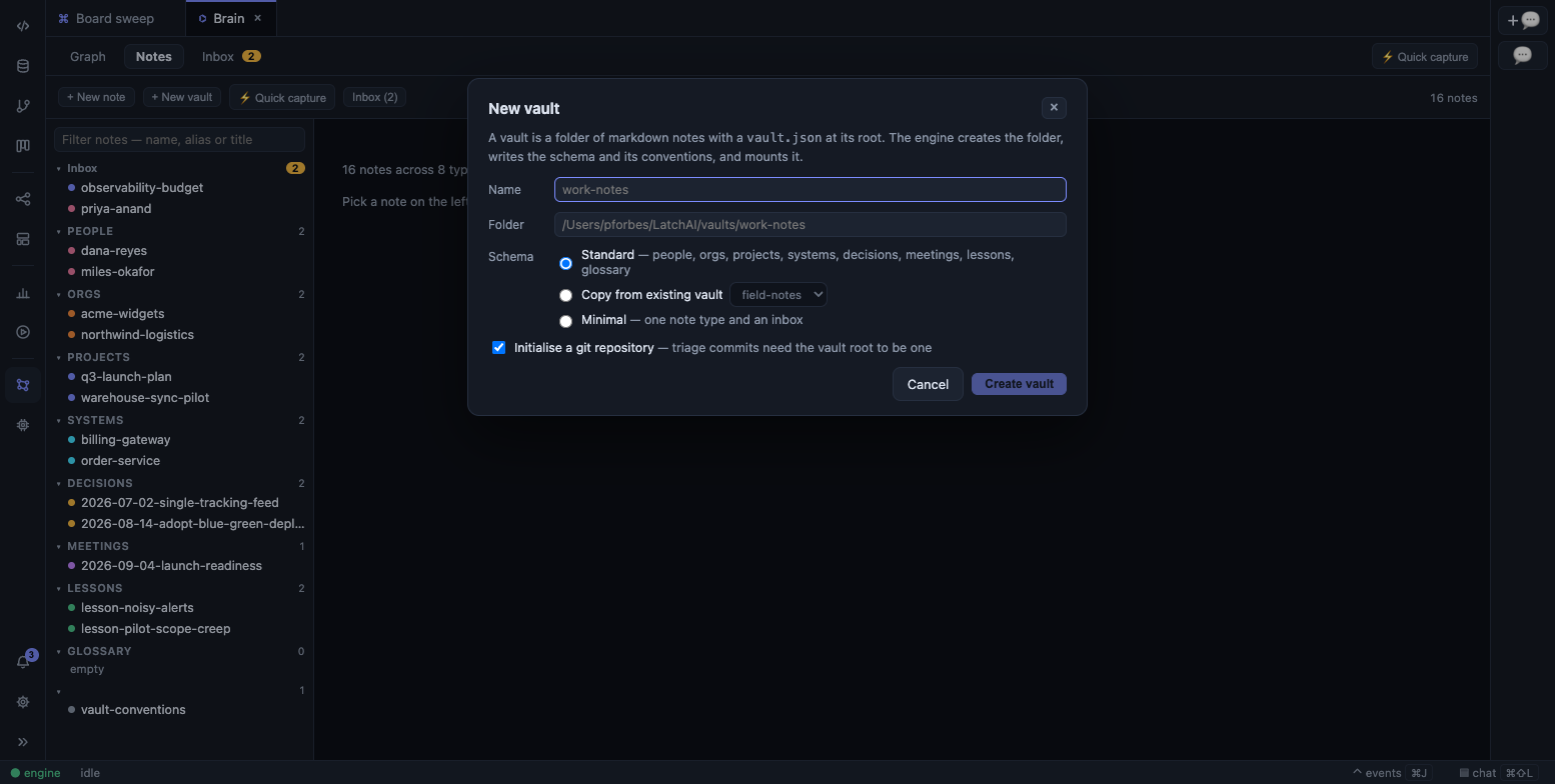 The New vault form: name, folder, schema choice, and git checkbox