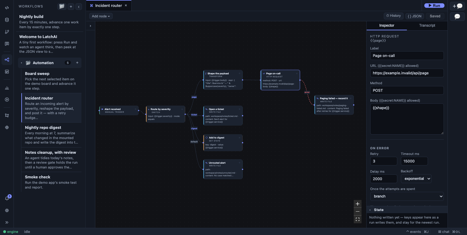 A node’s On error section in the inspector and its dashed error edge