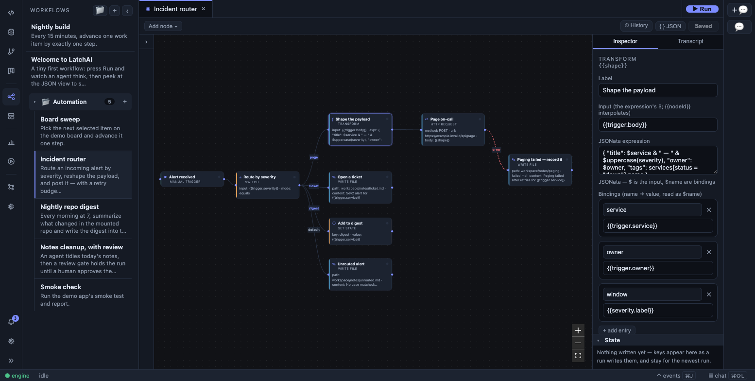 A transform node’s inspector with the JSONata expression and bindings